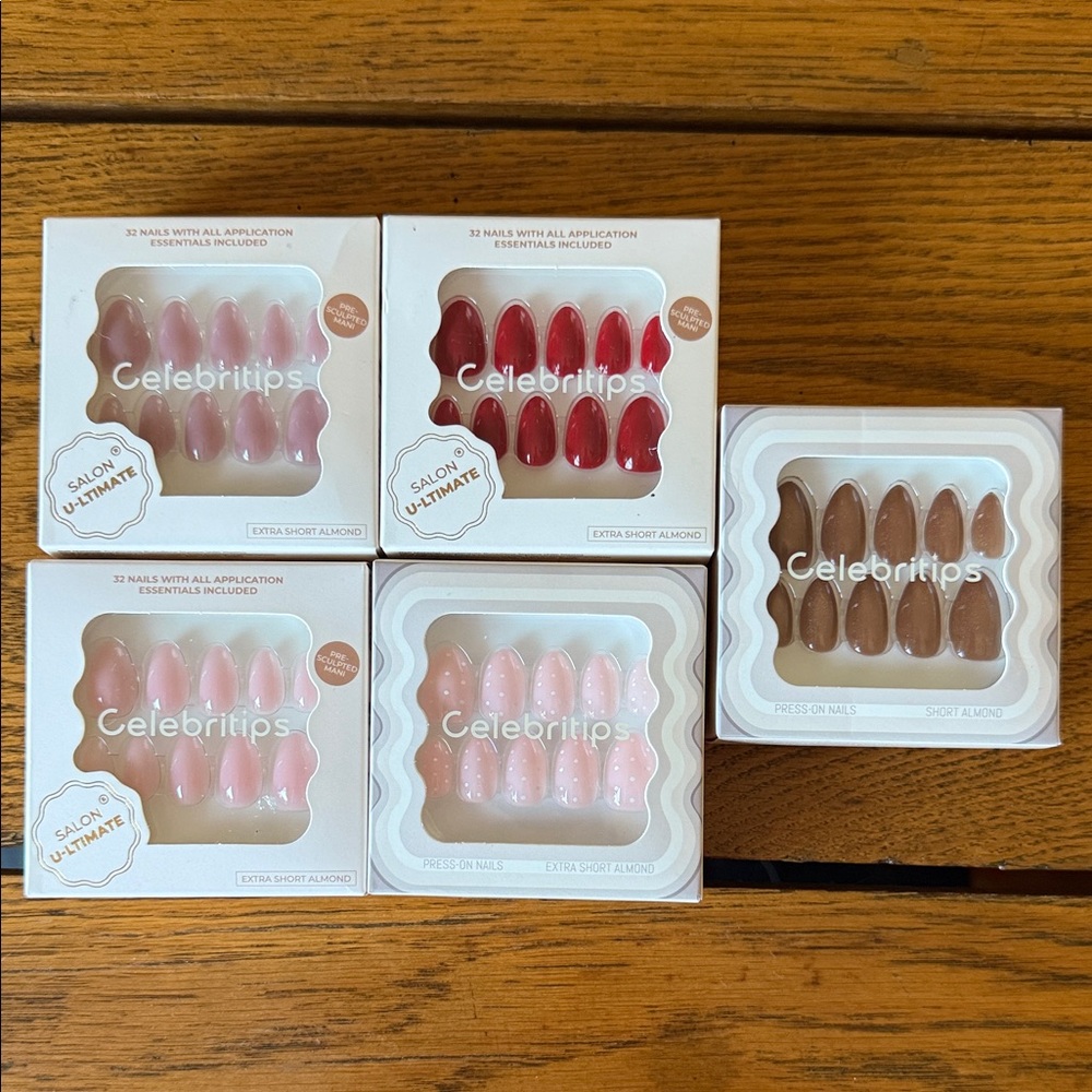 Extra Short Almond Press-On Nails - Red, Pink, Brown